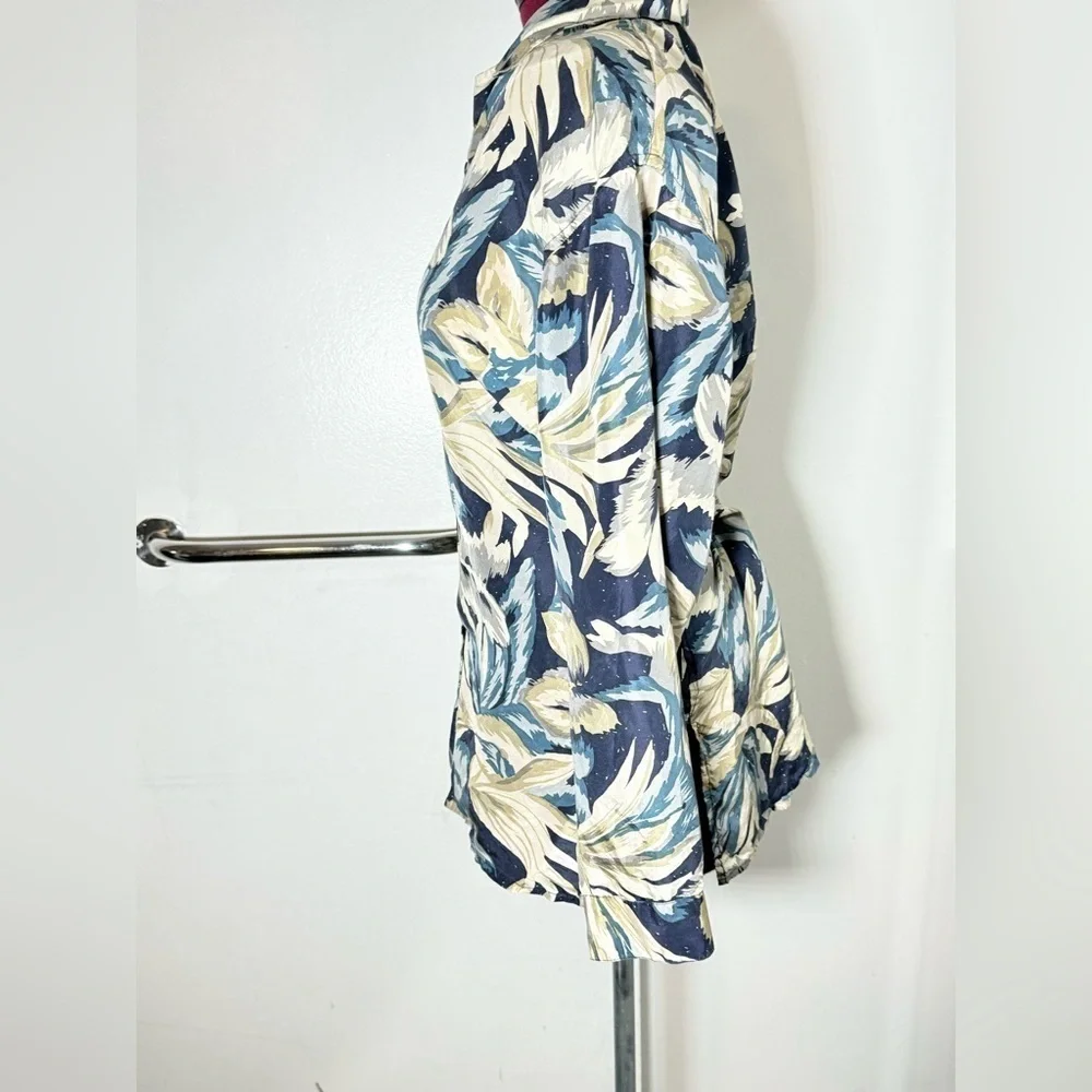 Silk Ncounter Vintage Button Up Silk Top Long Sleeve Size M Floral Tropical Blue